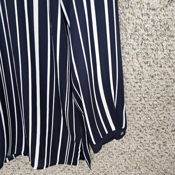 Vince Camuto‎ Top Womens Small Navy Blue Striped Split Neck Semi Sheer Blouse - Picture 2 of 7